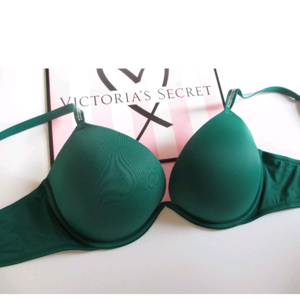 VICTORIA'S SECRET PINK Super Push-Up Bra VS Garnet Green Shine Strap 36A 36B 36D